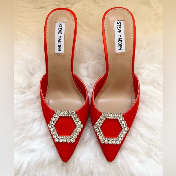 New! STEVE MADDEN Luxe City Embellished Satin Heeled Mules - Picture 5 of 13